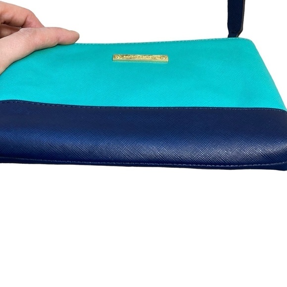 Banana Republic Colorblock Wristlet Aqua/Navy Golden Hardware Faux Leather 5” - Picture 7 of 12
